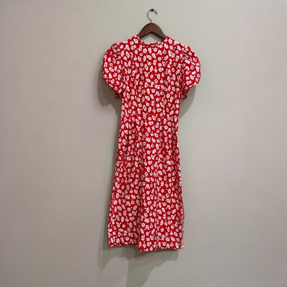 Vintage Albert Nipon Pleated Floral Cotton Midi Dress Size 8 Petite Puff Sleeve